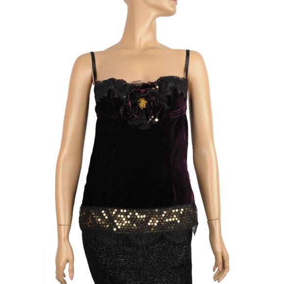 DOLCE & GABBANA TOP FLOWER ACCENT CAMI SEQUINS LACE BUILT IN BRA 42 6 - Picture 1 of 6